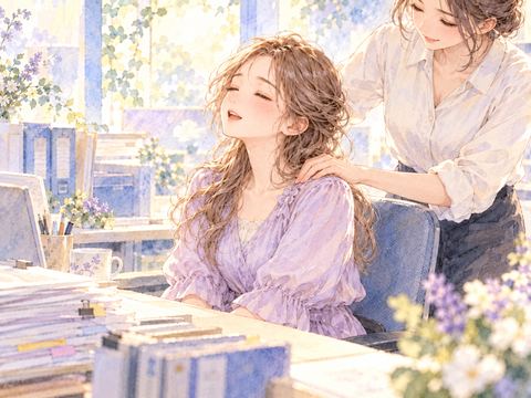 仕事机のそばで肩を揉まれほっとする女性