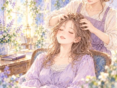 頭を優しくほぐされ目を閉じて落ち着く女性