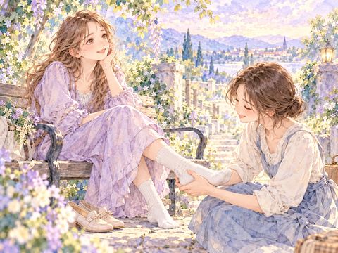 歩き疲れた足を揉んでもらいほっとする女性