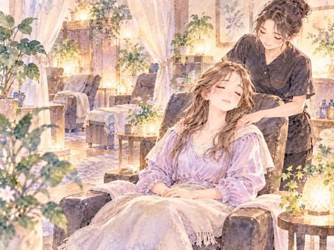 落ち着いたマッサージ店で肩の施術を受ける女性