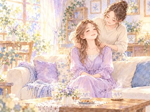 自宅のソファで家族に肩を揉まれくつろぐ女性