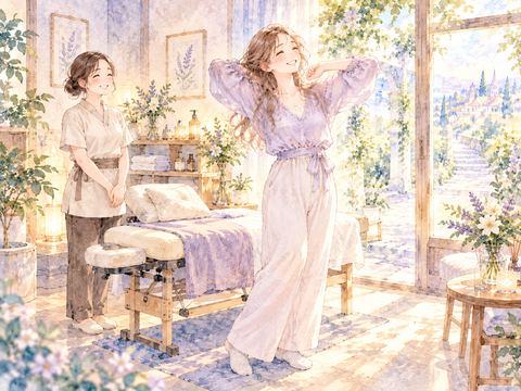 マッサージ後に肩を伸ばし軽やかに立ち上がる女性