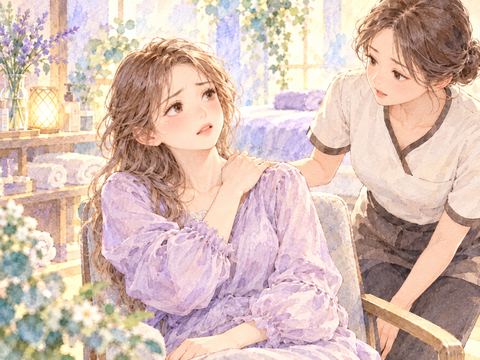 肩を揉んでもらったあとも重そうに肩を押さえる女性