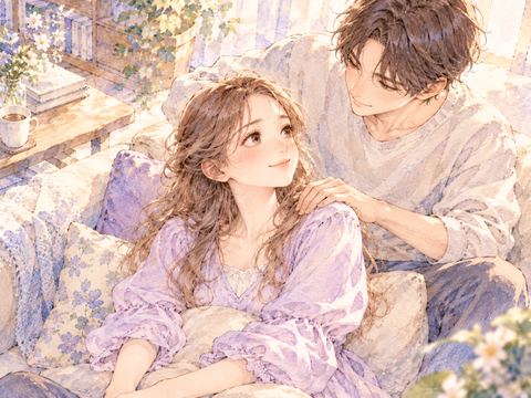 ソファで恋人に肩を揉んでもらいくつろぐ女性