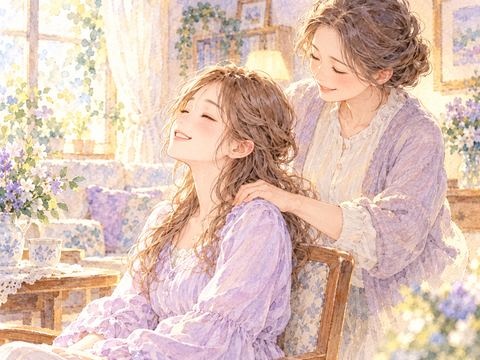 母親に肩を揉んでもらい安心する大人の女性