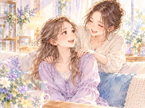 友人に肩を揉んでもらい笑い合う女性たち