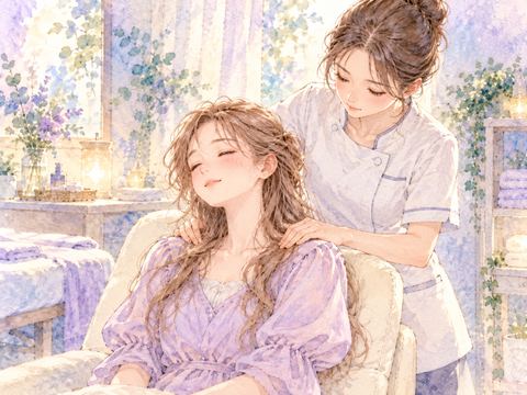 施術室でマッサージ師に肩をほぐしてもらう女性