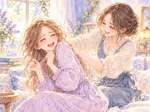 背中を揉まれくすぐったそうに笑う女性