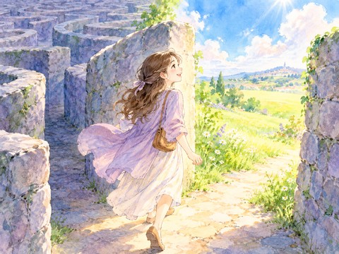 迷路の出口から明るい青空の下へ踏み出す女性