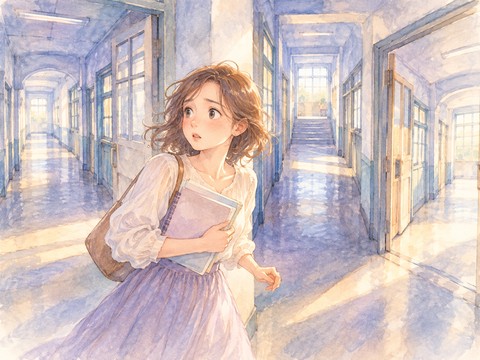 複雑につながる学校の廊下で教室を探す女性