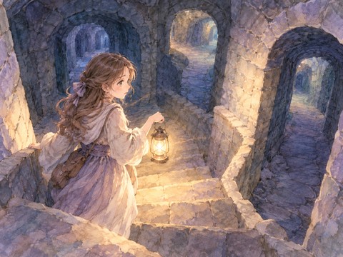 薄暗い地下の迷路をランタンで照らして進む女性