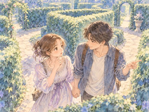 迷路の分かれ道で恋人と手をつなぎ相談する女性