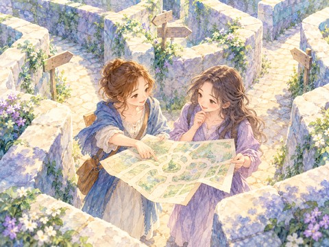 迷路の中で友人と地図を広げて相談する女性