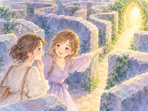 迷路で困っている女性に別の女性が道を教える場面