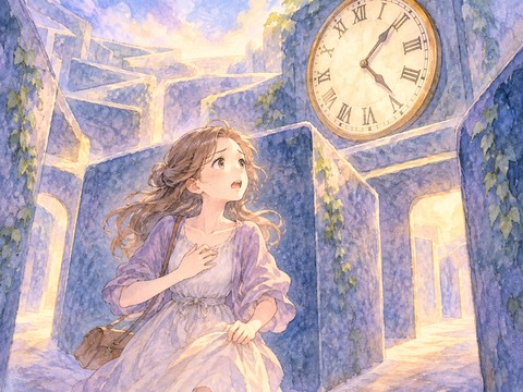 迷路の中で大きな時計を見上げ焦る女性