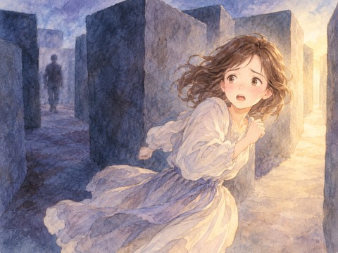 暗い迷路で背後の人影を怖がり逃げようとする女性