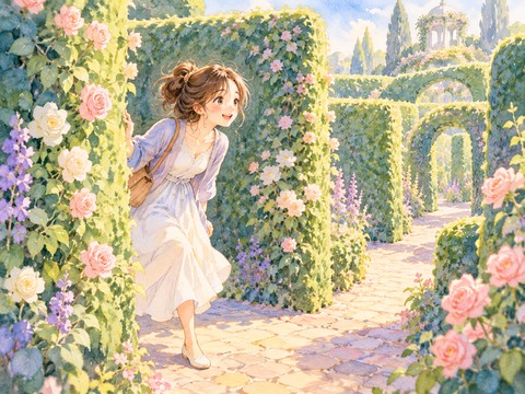花が咲く迷路の新しい通路を楽しそうに探検する女性
