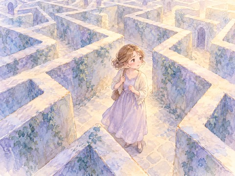 出口の見えない迷路で周囲を見渡す不安そうな女性