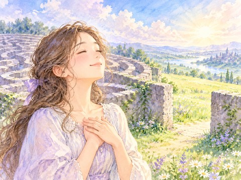 迷路を抜けて広い草原でほっと深呼吸する女性