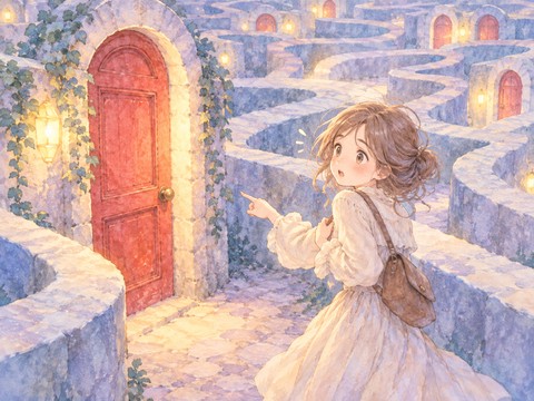 迷路で見覚えのある赤い扉に再び戻り戸惑う女性