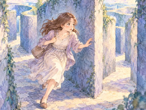 迷路の通路を走りながら出口を探す焦った女性