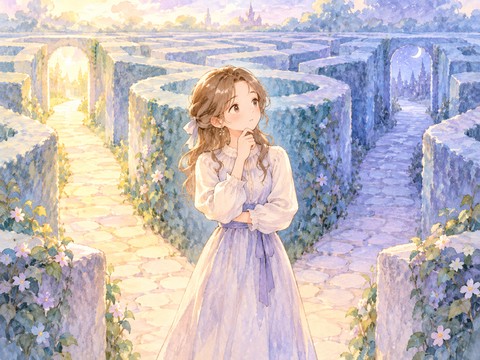 迷路の分かれ道で左右を見比べる女性