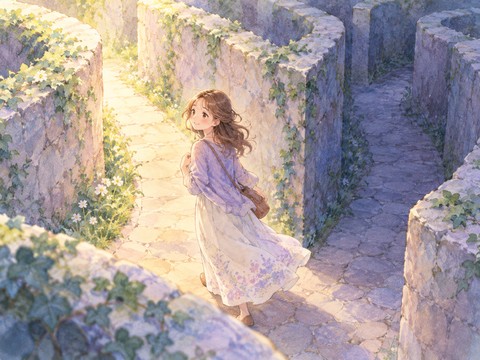 迷路の分岐点で引き返し別の通路へ進む女性