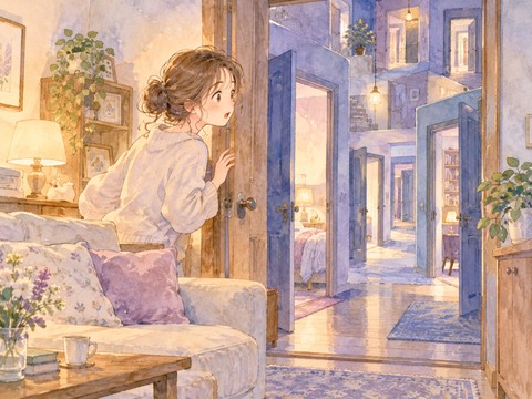 自宅に知らない部屋が続いて驚く女性