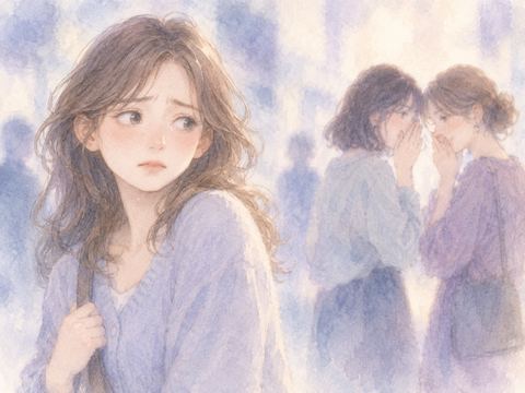 背後でひそひそ悪口を言う人たちを気にする女性