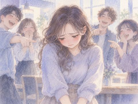周囲の人にからかわれて恥ずかしそうに俯く女性