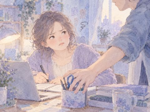 作業中の女性の前に腕を伸ばして邪魔する人物