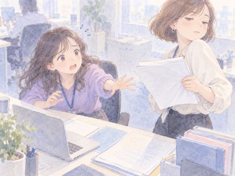 同僚に作業中の資料を勝手に動かされて驚く女性