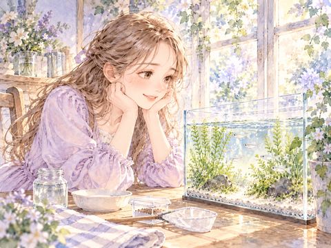 新しい水槽にメダカを迎えて嬉しそうに眺める女性