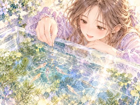 水槽のメダカへ少量の餌をあげる女性の手