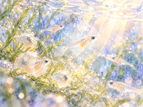 卵から生まれた小さなメダカの稚魚が泳ぎ始める様子