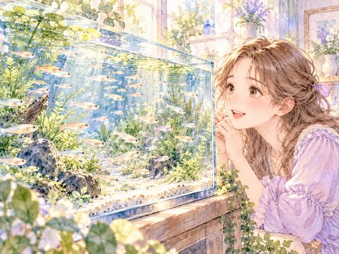水槽いっぱいに増えたメダカを驚きながら眺める女性