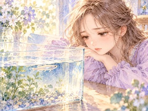 水面に静かに浮かぶ動かないメダカを悲しそうに見つめる女性