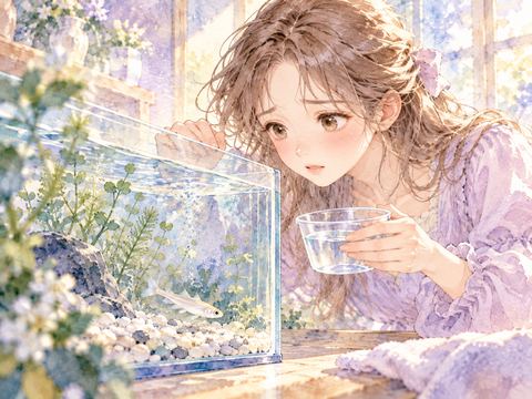 水底で弱るメダカを心配して見守る女性