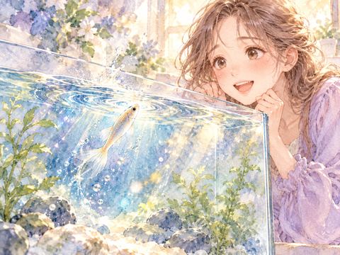 再び元気に泳ぎ始めたメダカを見て喜ぶ女性