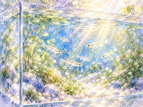 底まで透き通った水の中を元気に泳ぐメダカ