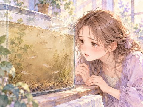 茶色く濁った水の中を泳ぐメダカを心配する女性