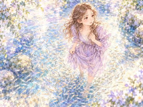 大量のメダカに足元を囲まれて戸惑う女性