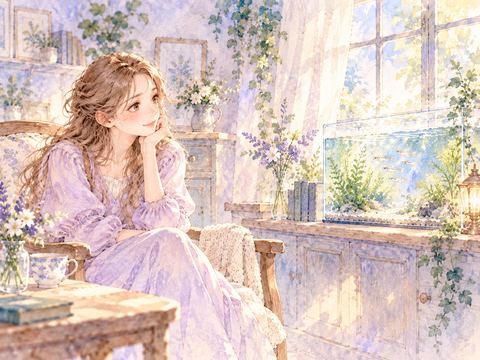 椅子に座って水槽のメダカを穏やかに眺める女性