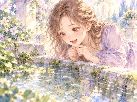 小さなメダカを見つけて嬉しそうに笑う女性