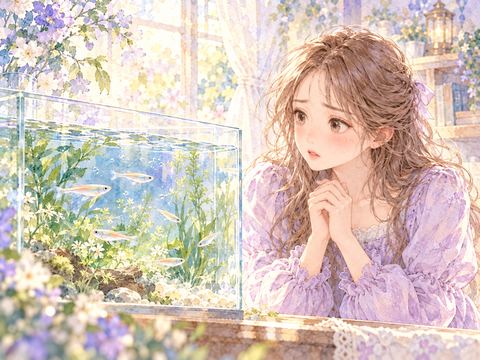 元気に泳ぐメダカを見ながら不安そうな女性
