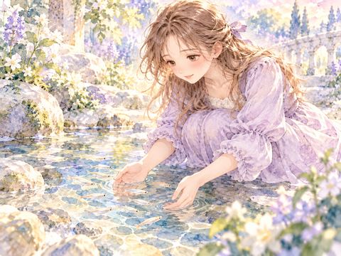 小さなメダカを大切そうに両手で見守る女性