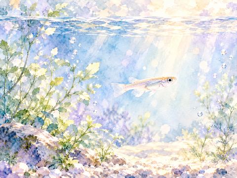広い水槽の中を一匹だけ泳ぐ小さなメダカ