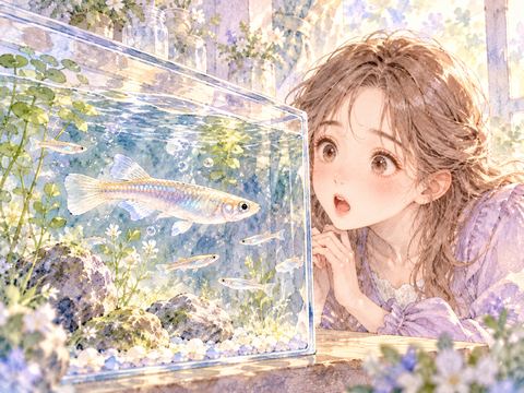 普通のメダカより何倍も大きいメダカを見て驚く女性