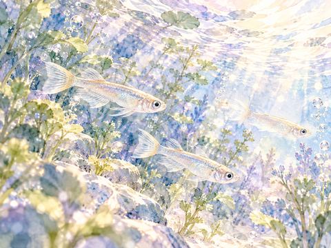 水草の間を元気よく泳ぐ数匹のメダカ