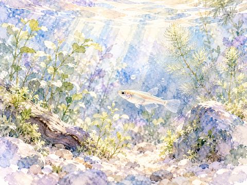 水槽の底近くをゆっくり泳ぐ弱ったメダカ